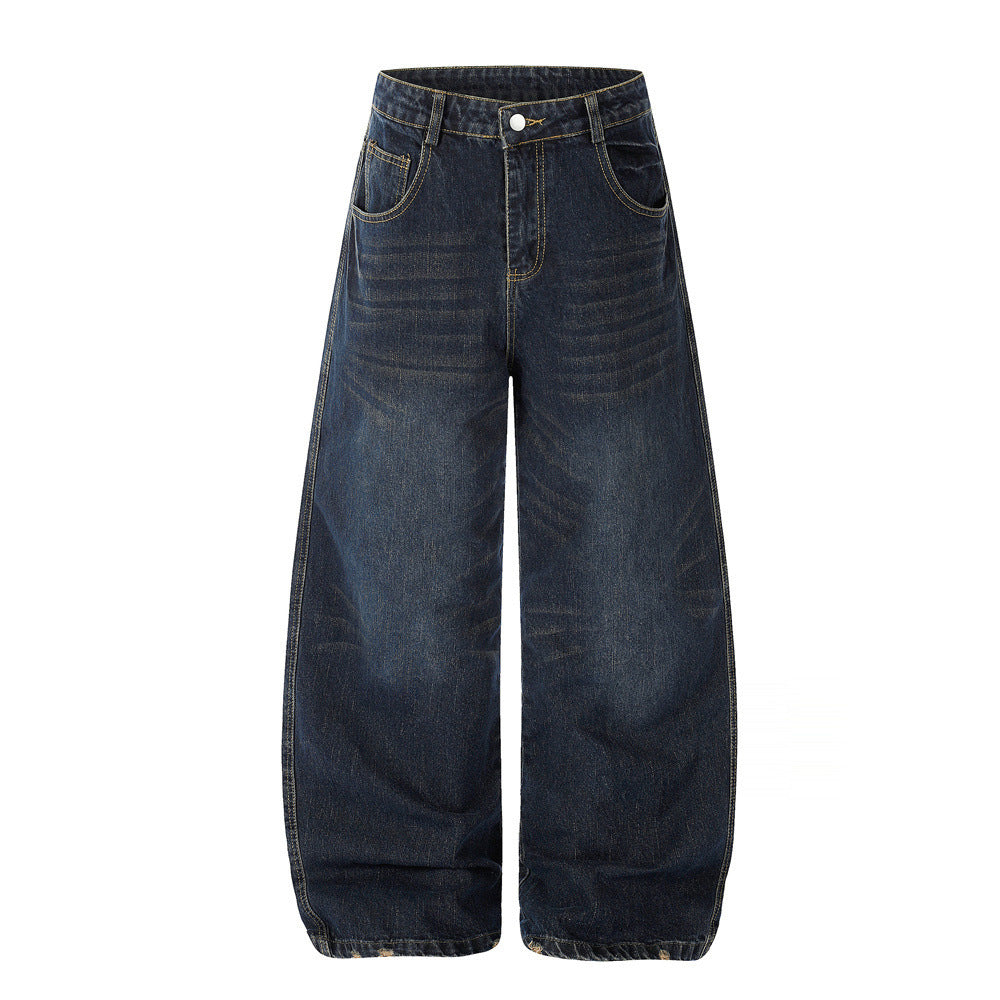 Wide-Leg-Baggy-Jeans mit Taschenbesatz aus Kunstfell und Schriftzugstickerei – Dark Wash