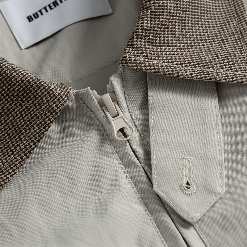 Men's Bomber Jacket with Houndstooth Collar & Pleated Sleeves
