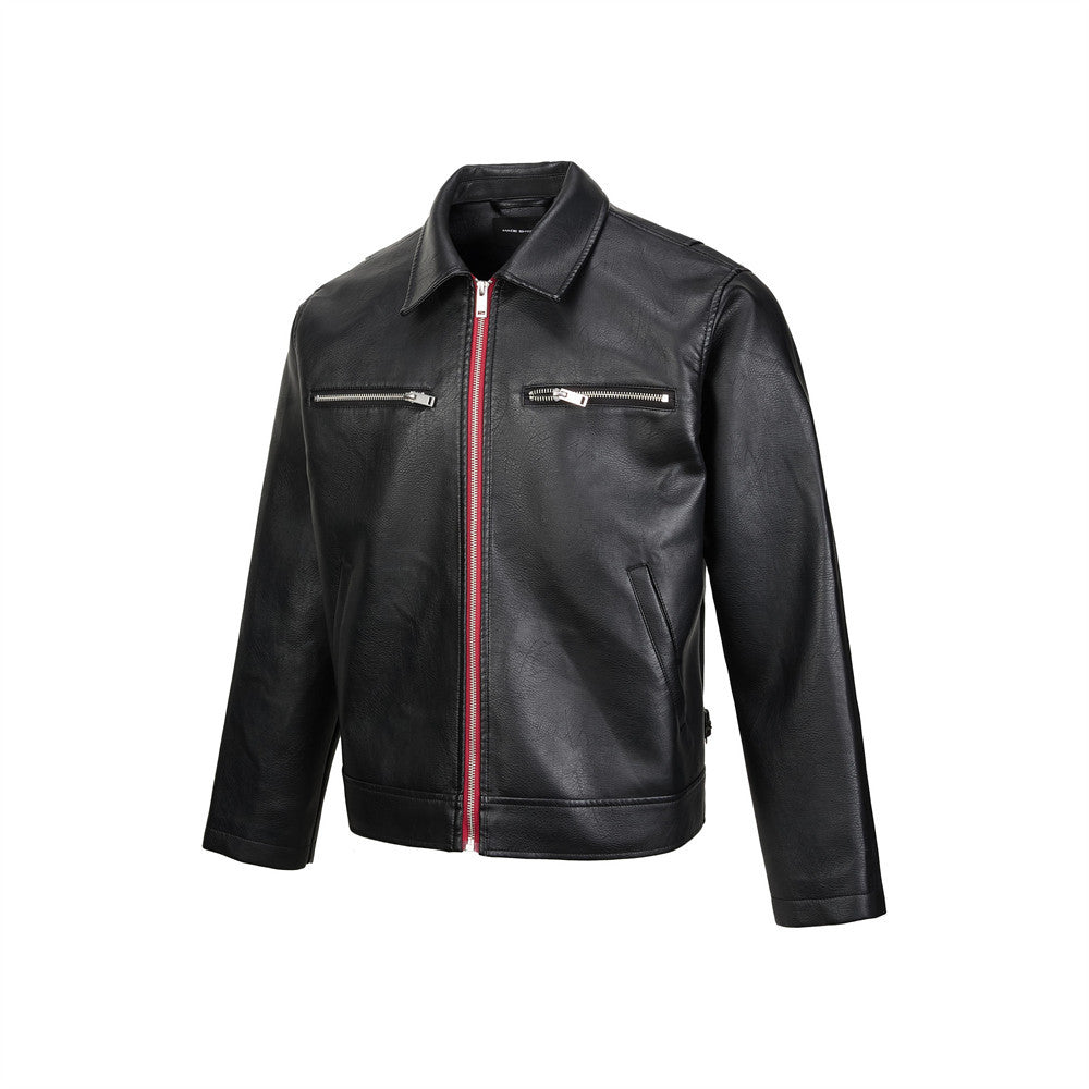 Men's Black PU Leather Biker Jacket – Short Moto Style with Red Zip
