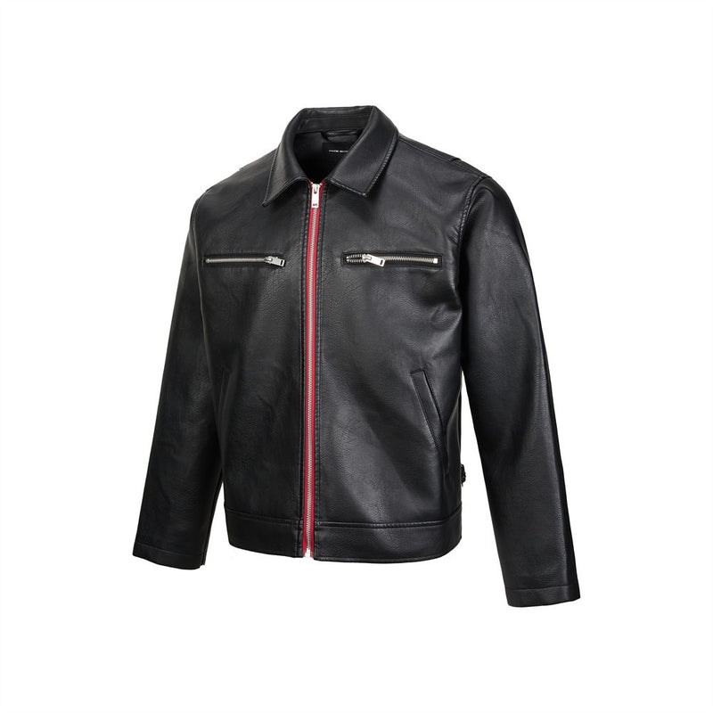 Men's Black PU Leather Biker Jacket – Short Moto Style with Red Zip