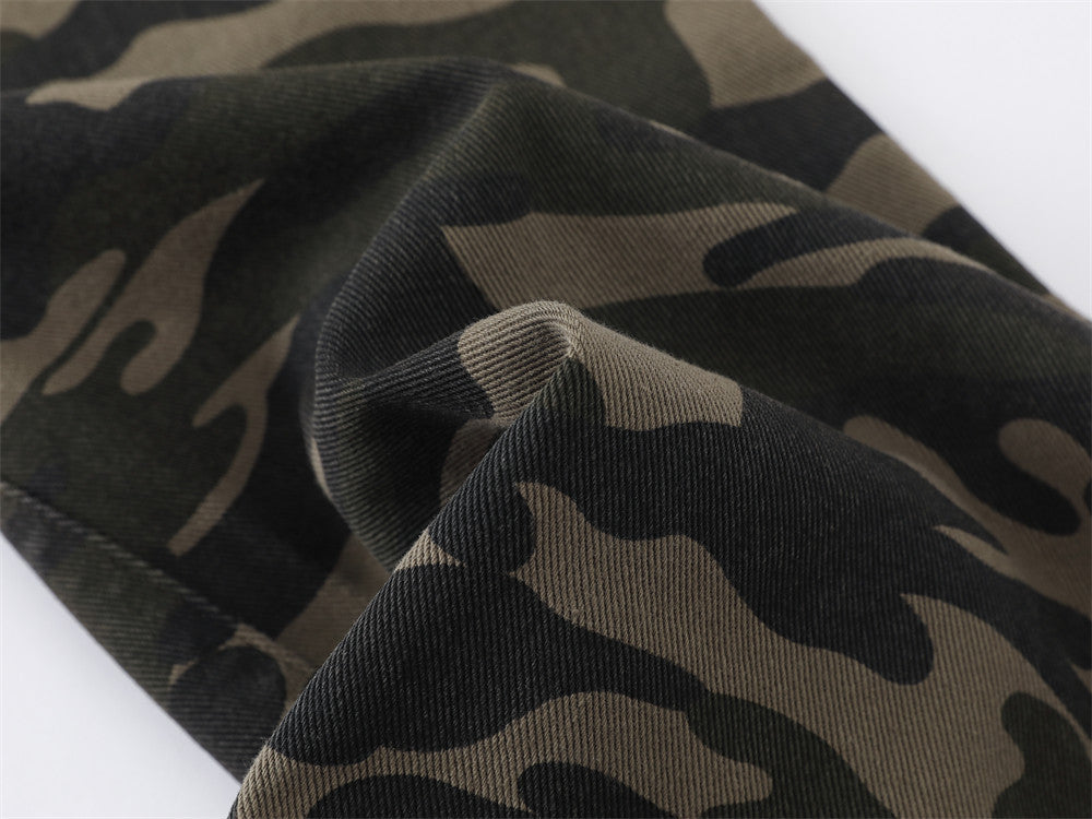 Jean flare homme camouflage avec imprimé étoiles et lettres – Denim bell-bottom streetwear