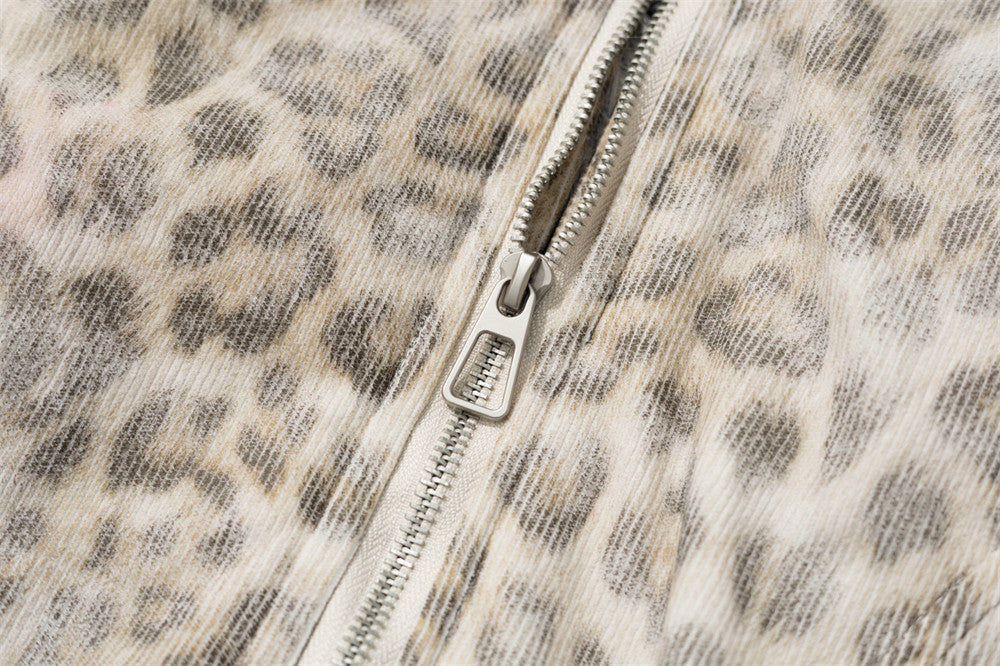 Leopard Print Hooded Bomber Jacket with Faux Fur Trim