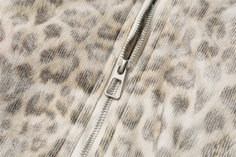 Leopard Print Hooded Bomber Jacket with Faux Fur Trim