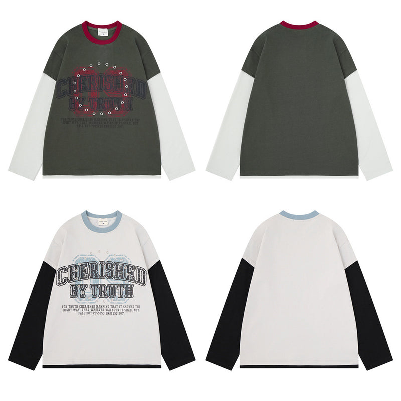 T-shirt manches longues colorblock à effet superposé – Imprimé vintage et détails métalliques