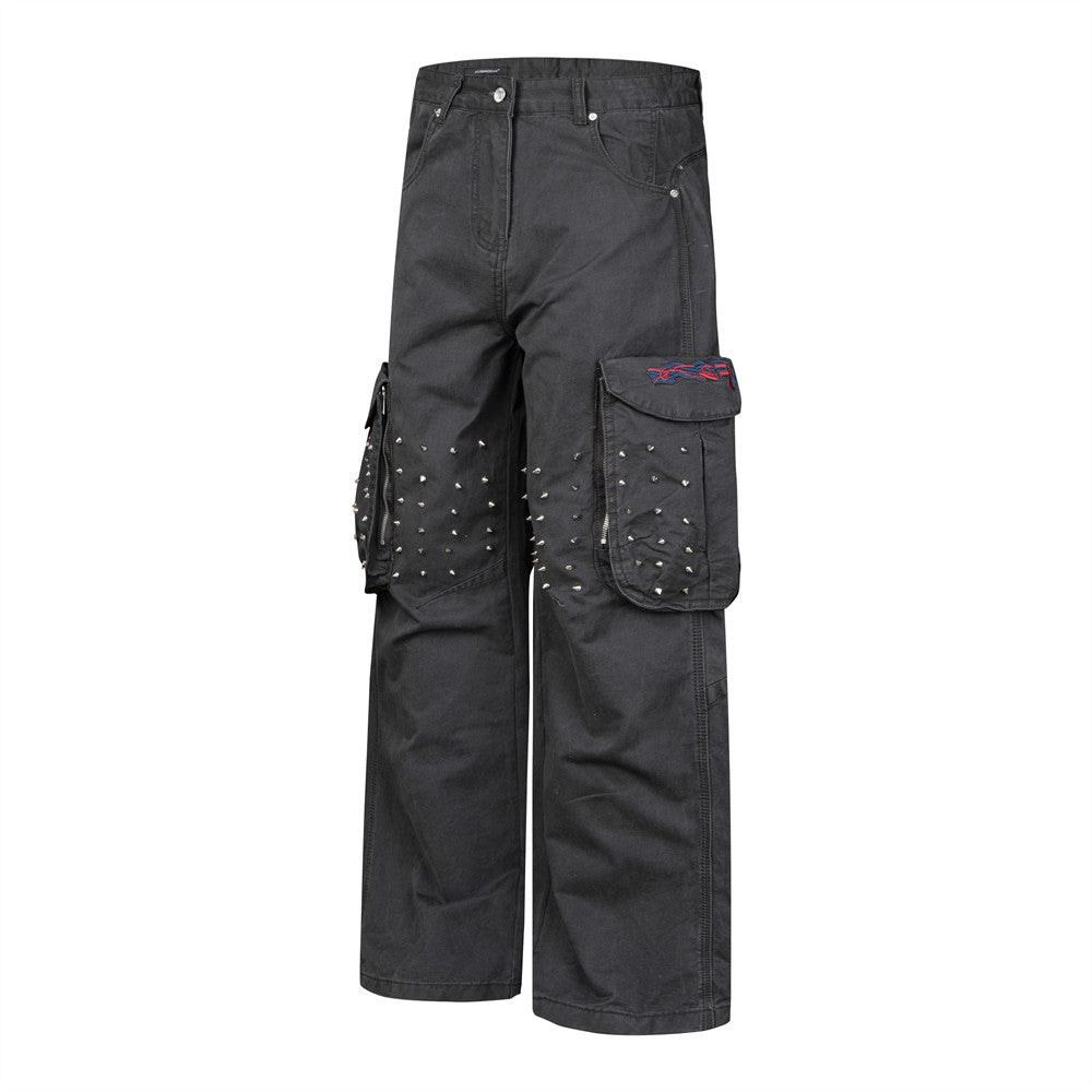 Wide-Leg Cargo Pants with Studded Multi-Pocket Detail in Dark Grey