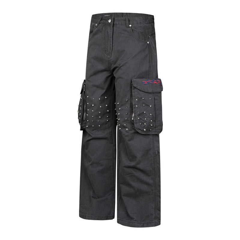 Wide-Leg Cargo Pants with Studded Multi-Pocket Detail in Dark Grey