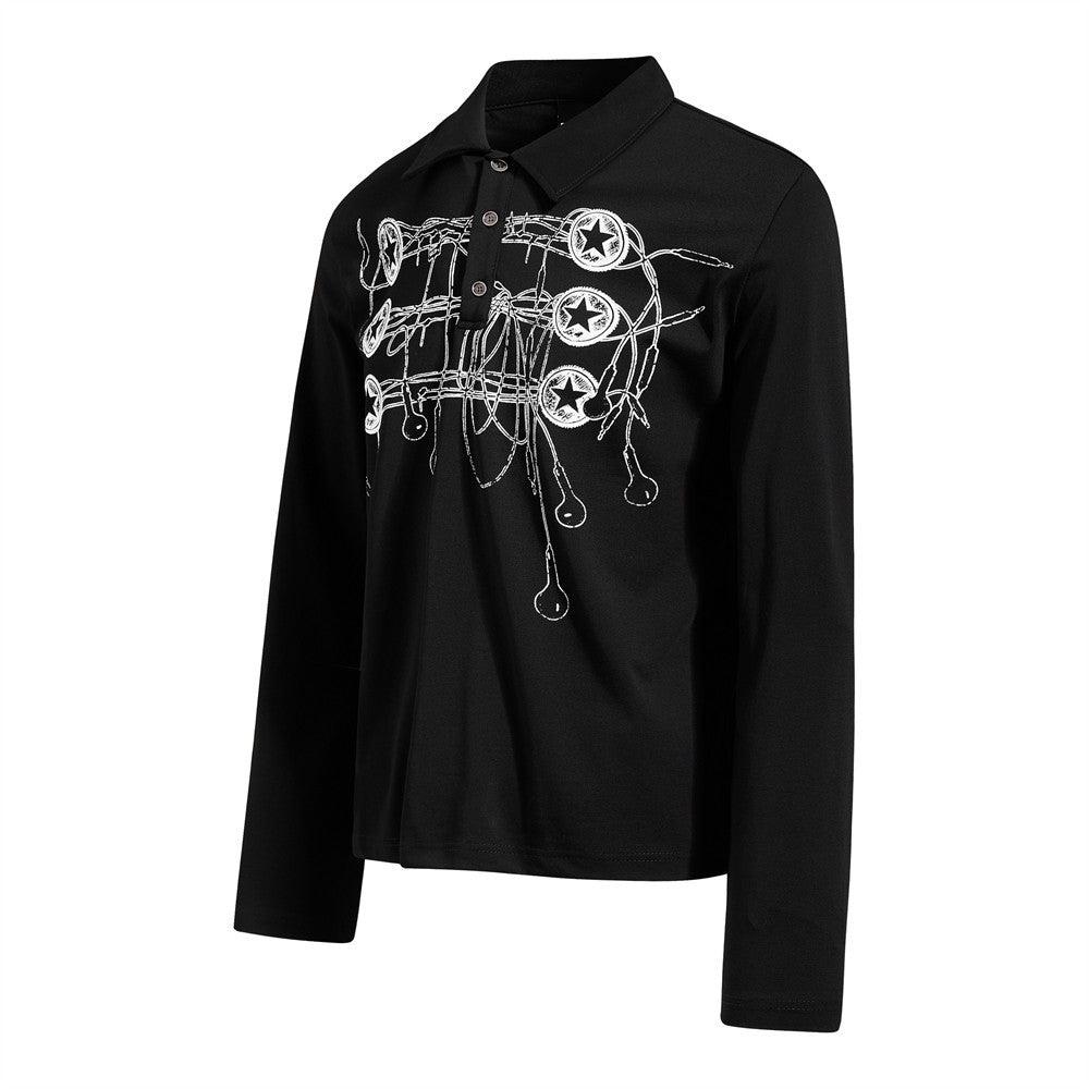Long Sleeve Polo Shirt with Graffiti Star Print