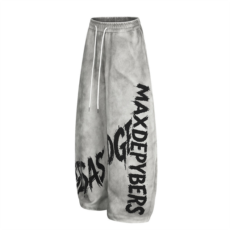 Wide-Leg Graffiti Print Sweatpants – Washed Gray Baggy Jogger Pants for Men