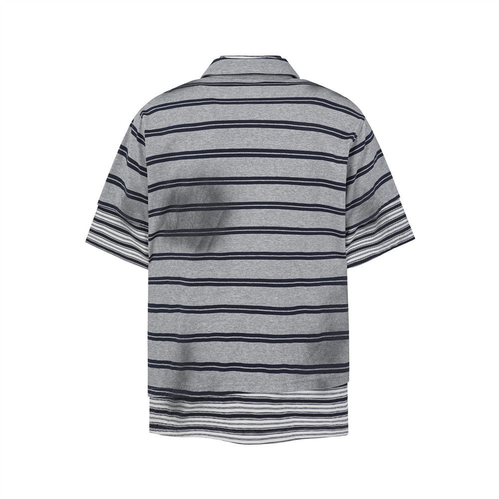 Oversized Striped Polo Shirt – Half-Zip Collar Short Sleeve Tee