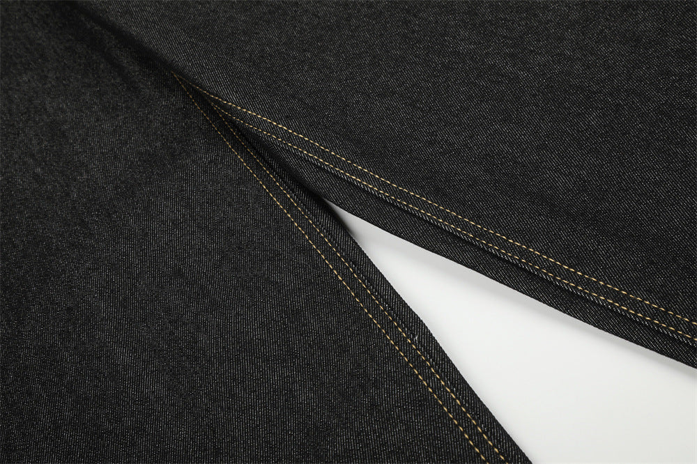 Wide-Leg Barrel Jeans – Dark Black Denim with Camo Pocket & Embroidered Graphic