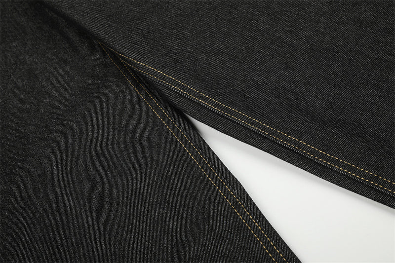 Wide-Leg Barrel Jeans – Dark Black Denim with Camo Pocket & Embroidered Graphic