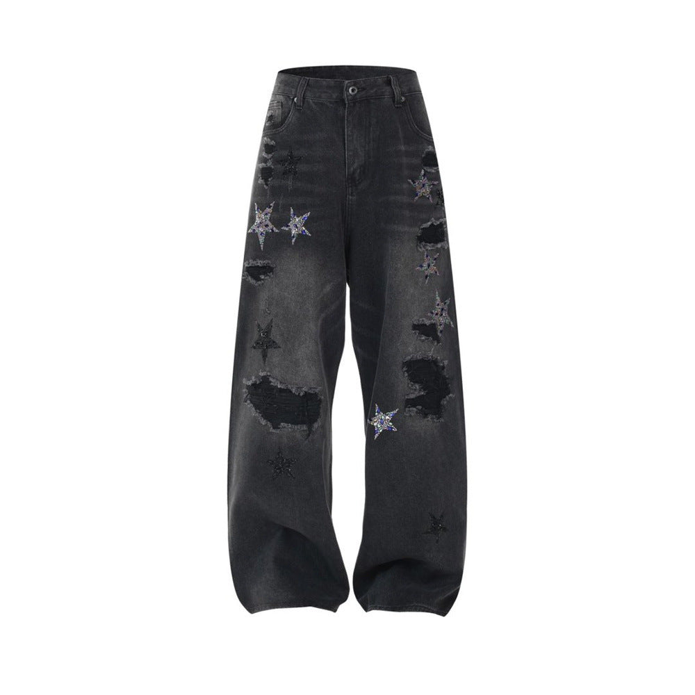 Ripped Baggy Jeans Men – Star Rhinestone & Sequin Wide-Leg Black Distressed