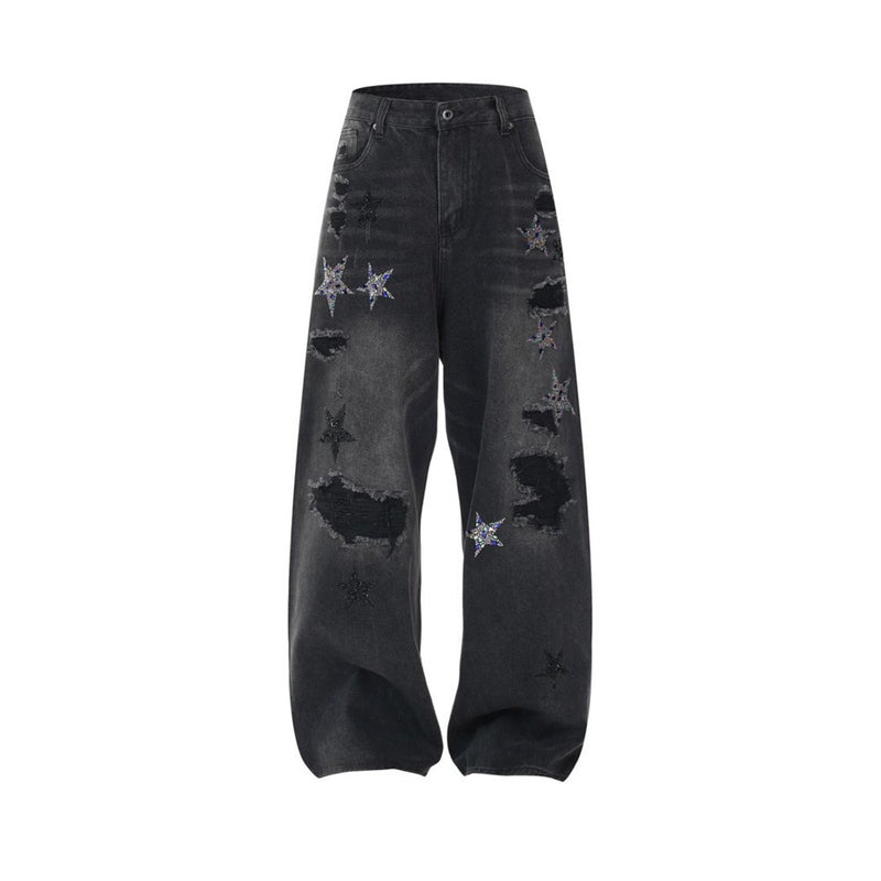 Ripped Baggy Jeans Men – Star Rhinestone & Sequin Wide-Leg Black Distressed