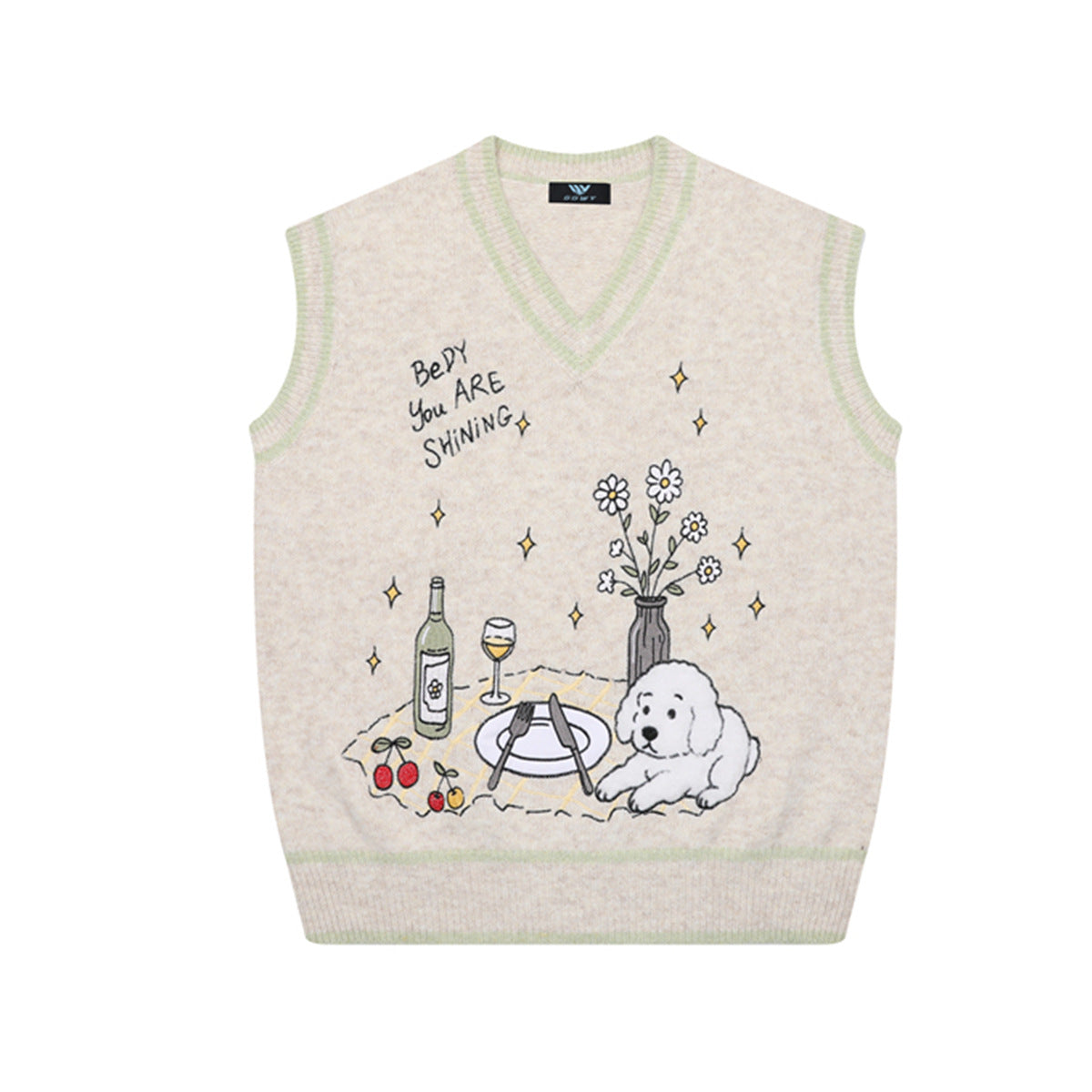 V-Neck Knit Sweater Vest with Cute Puppy Picnic Embroidery
