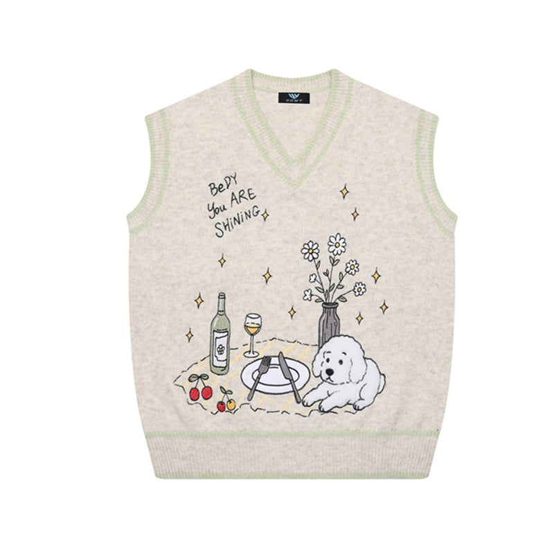V-Neck Knit Sweater Vest with Cute Puppy Picnic Embroidery