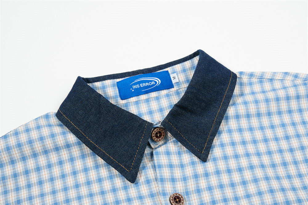 Chemise homme boutonnée à manches longues – Carreaux et empiècements en jean brodés cartoon