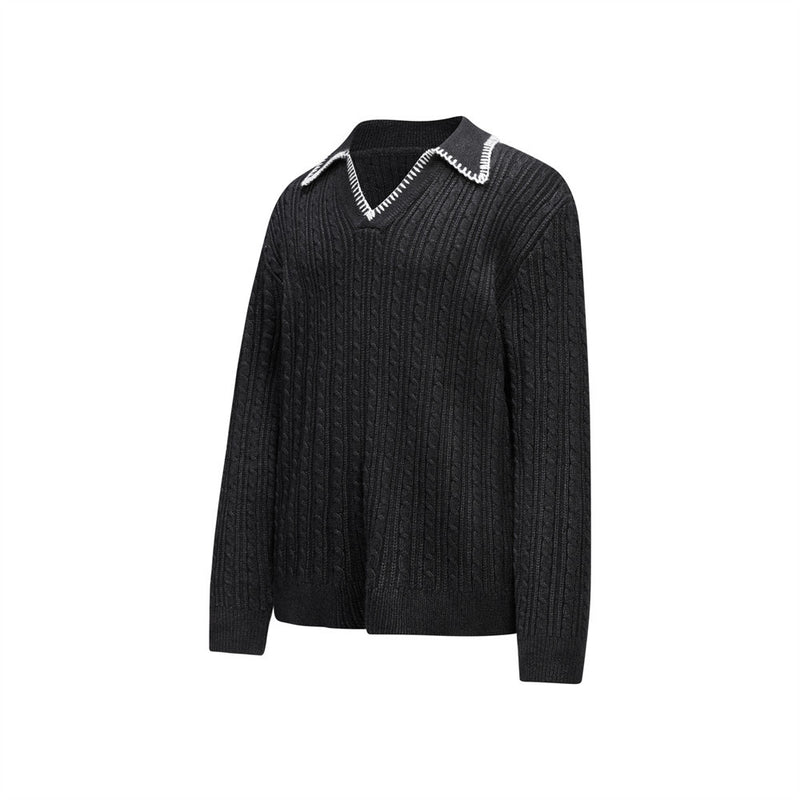 Oversized V-Neck Sweater – Cable Knit Polo Collar Long Sleeve Pullover