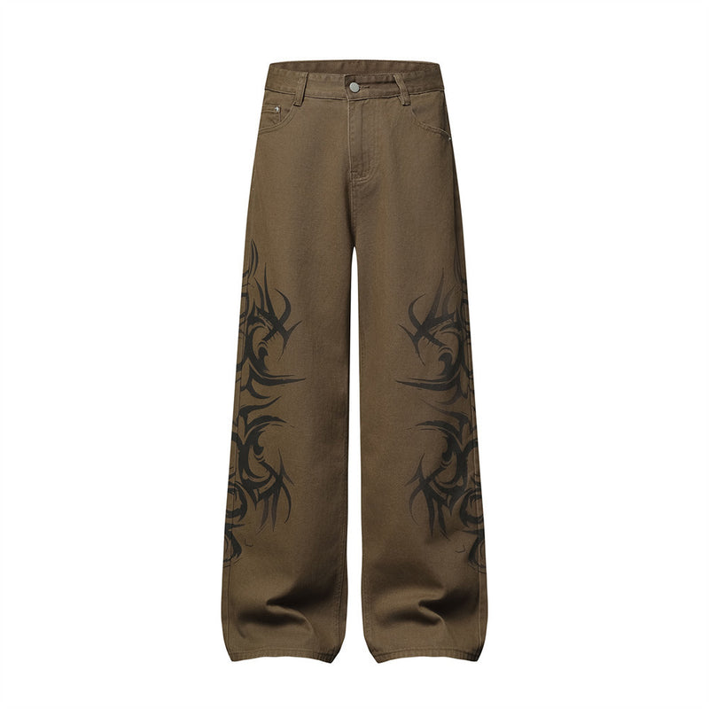 Tribal Print Wide-Leg Jeans – Men's Streetwear Straight Baggy Pants