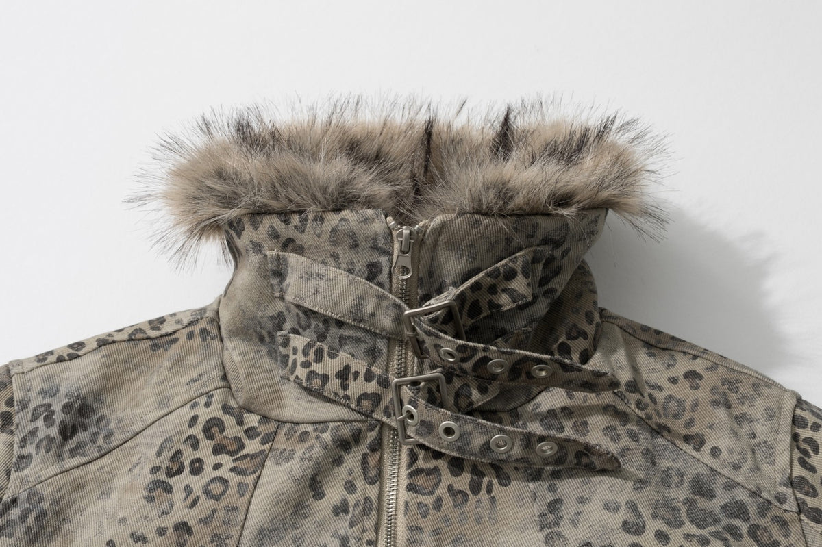 Men's Leopard Print Padded Jacket with Faux Fur Collar & Trim