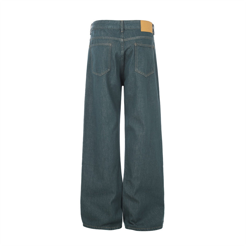 Jeans larges homme – Pantalon droit en denim vert canard à braguette boutonnée