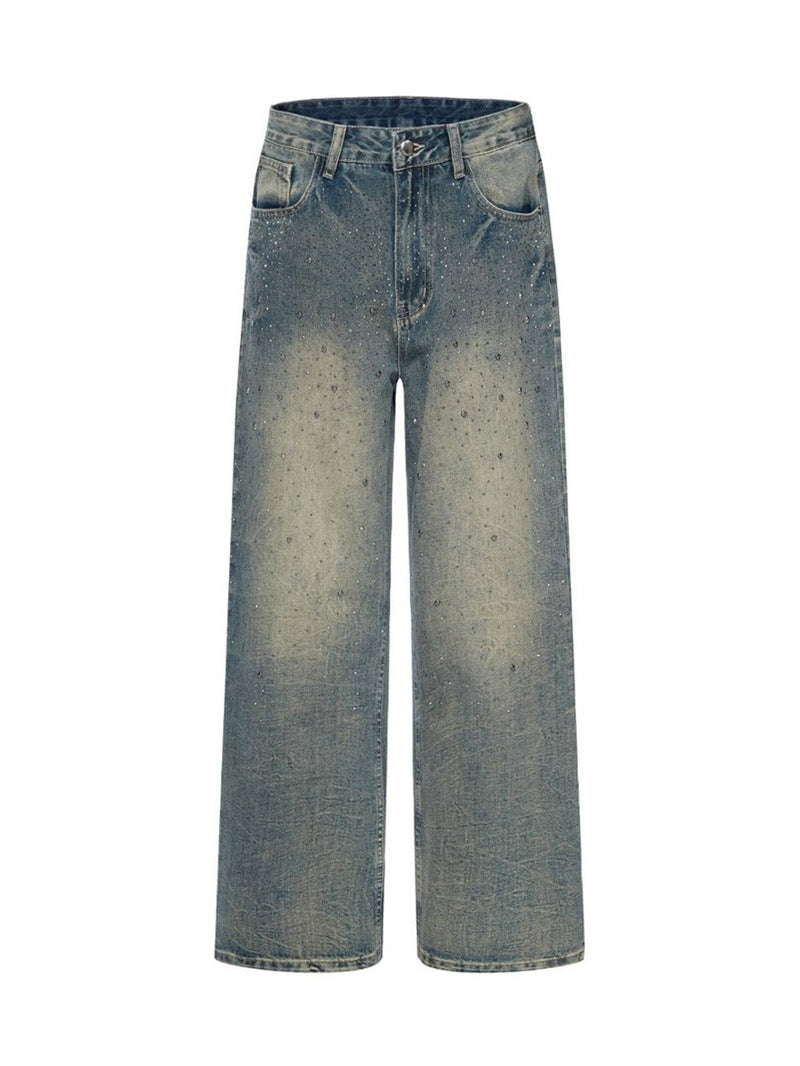 Wide-Leg Jeans Men – Vintage Wash Rhinestone Straight-Fit Denim