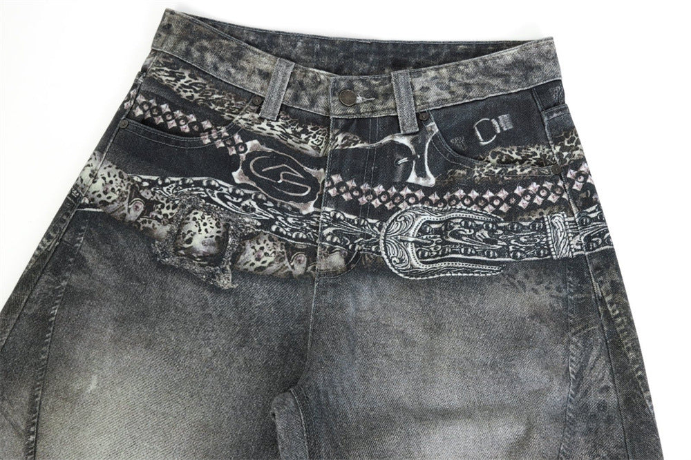 Baggy Wide-Leg Jeans – Paisley Graphic Waistband, Acid-Washed Grey Denim