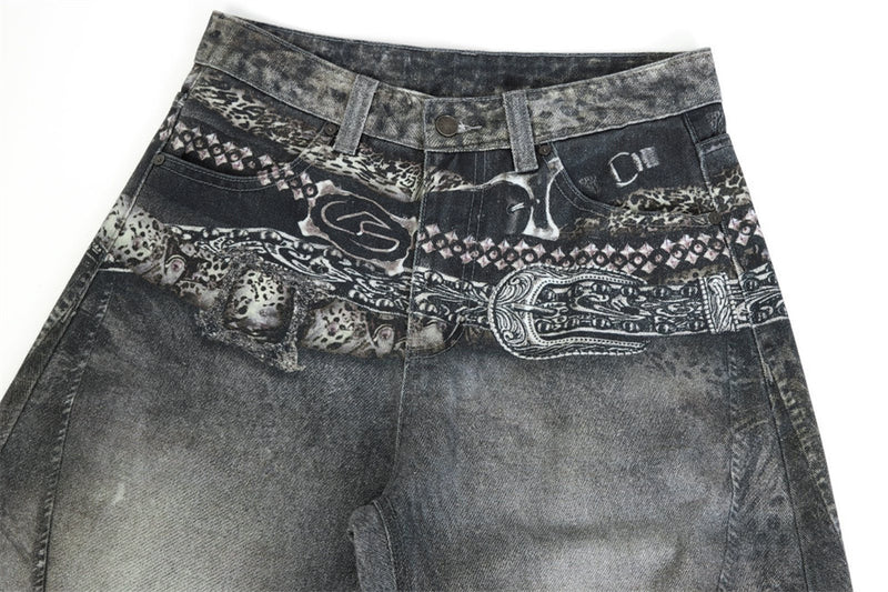 Baggy Wide-Leg Jeans – Paisley Graphic Waistband, Acid-Washed Grey Denim
