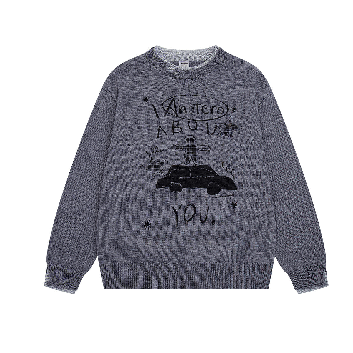 Crew neck graphic knit sweater with graffiti car and star print in heather grey, relaxed oversized fit
