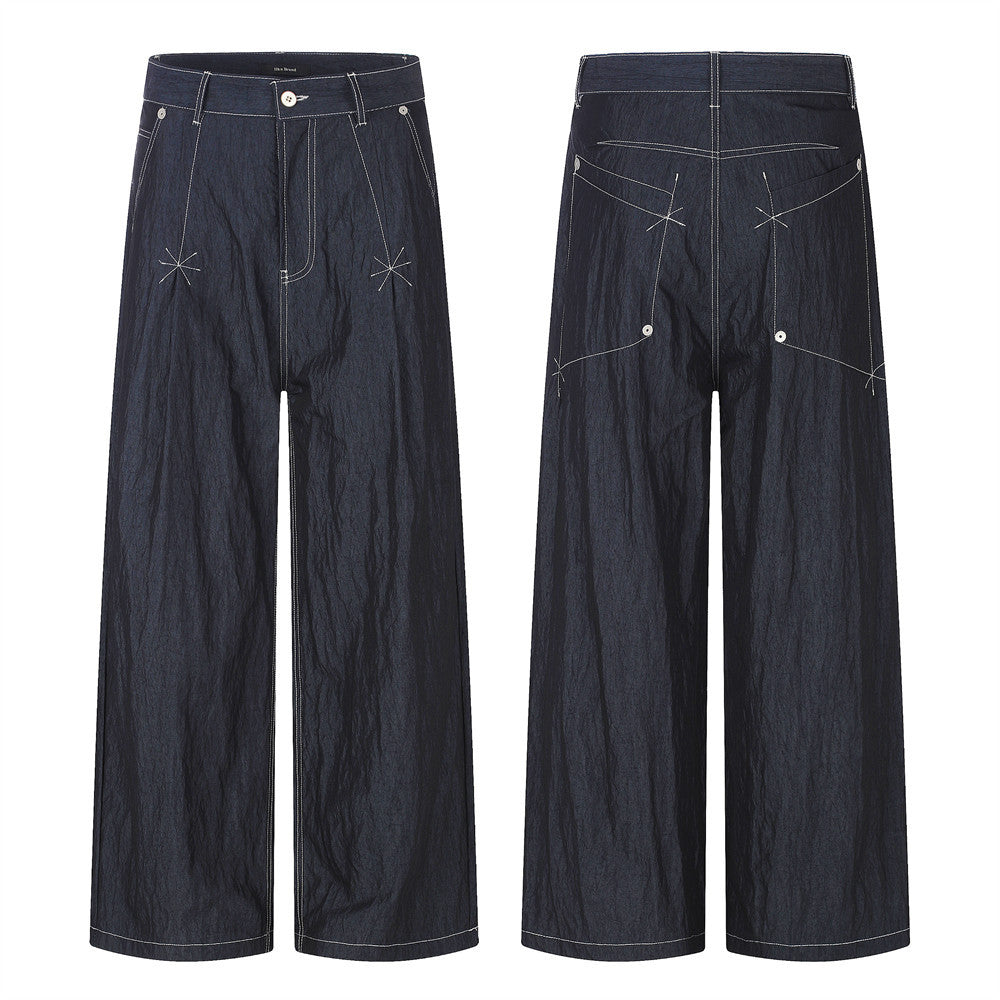 Wide-Leg Denim Pants with Contrast Stitching and Star Tack Details