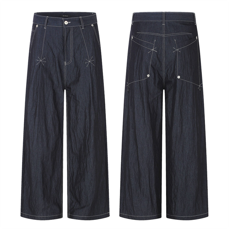 Wide-Leg Denim Pants with Contrast Stitching and Star Tack Details