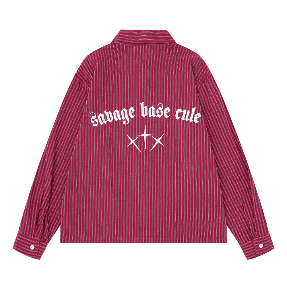 Striped Long Sleeve Shirt – Gothic Letter Embroidery, Relaxed Fit