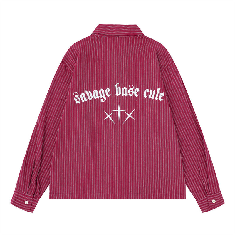 Striped Long Sleeve Shirt – Gothic Letter Embroidery, Relaxed Fit