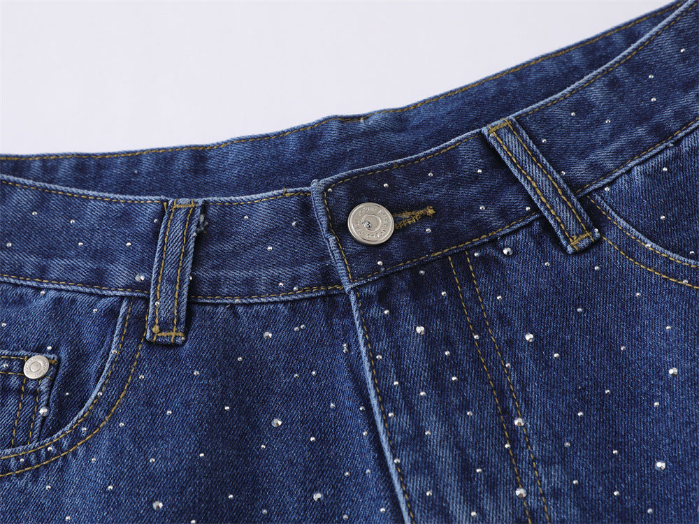 Wide-Leg Denim Shorts with Allover Rhinestone Detail – Men's Cropped Jean Shorts