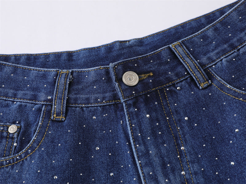 Wide-Leg Denim Shorts with Allover Rhinestone Detail – Men's Cropped Jean Shorts