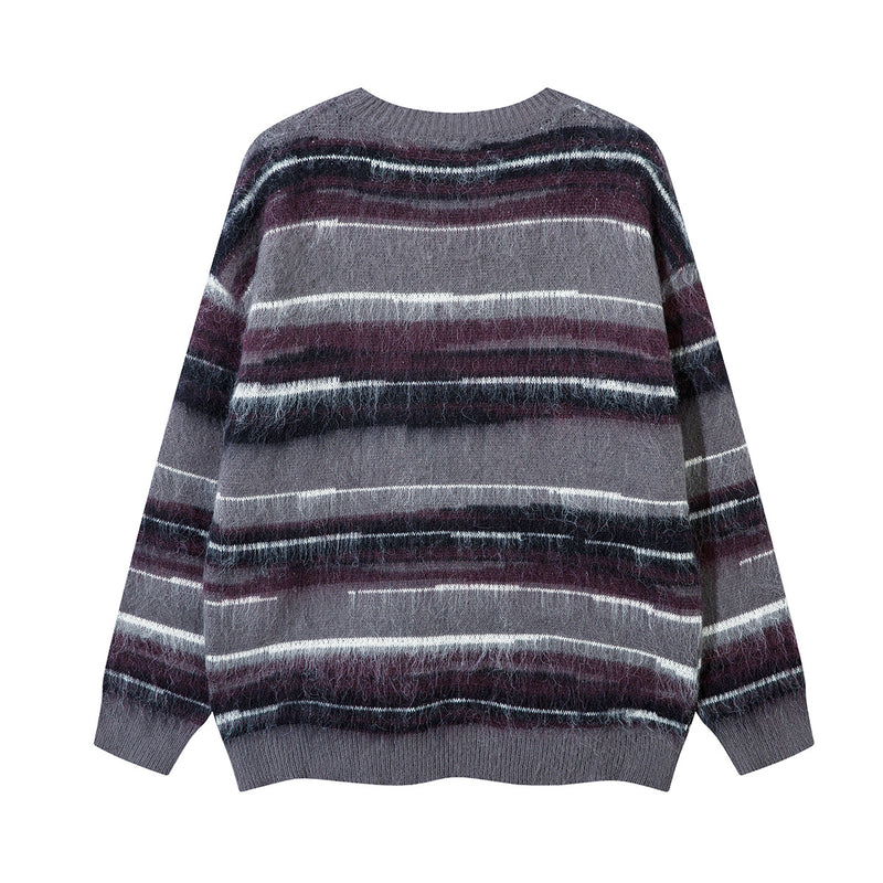 Striped Fuzzy Knit Crew Neck Sweater – Relaxed Fit Mohair-Style Pullover
