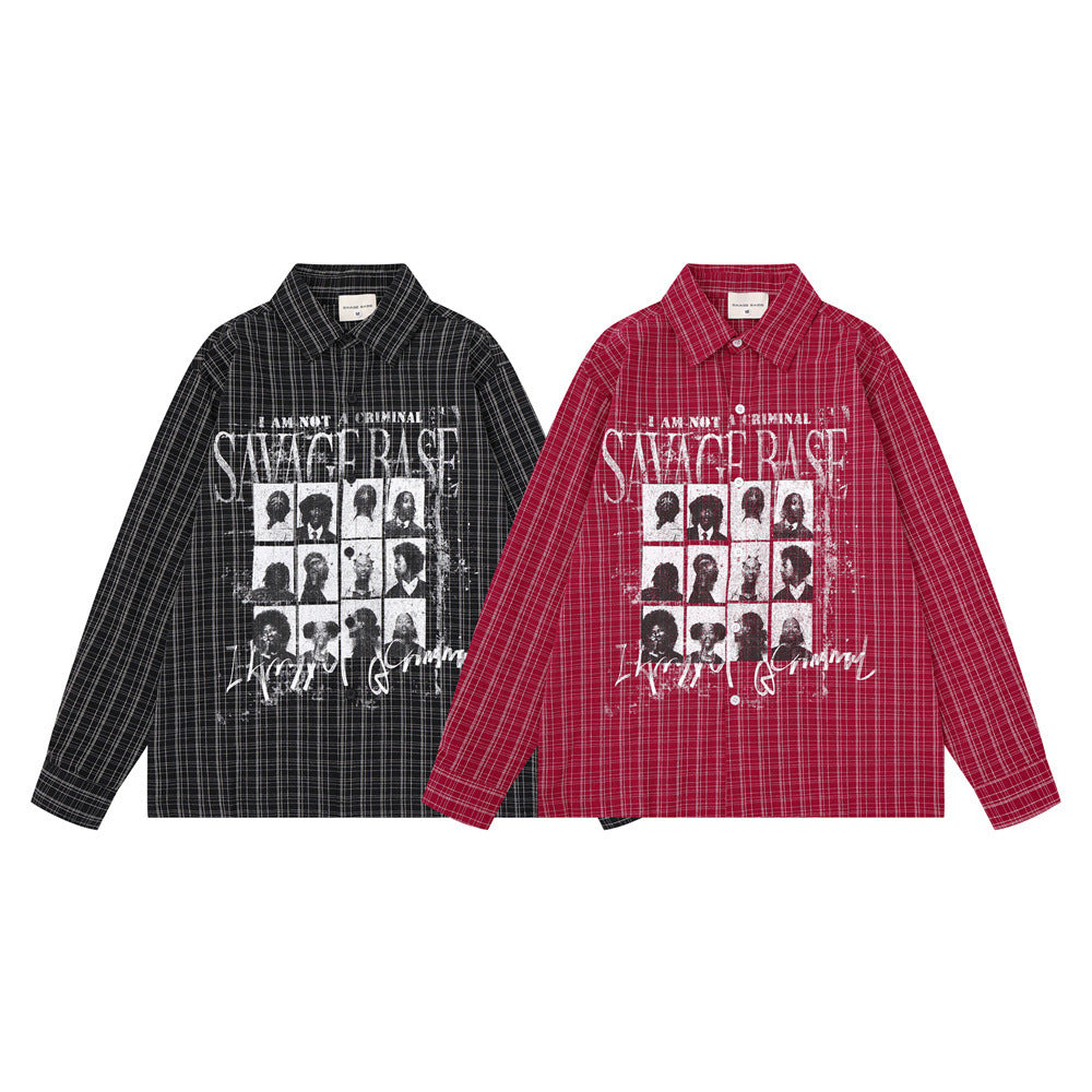 Chemise homme à carreaux manches longues avec imprimé graphique Savage Base Mugshot