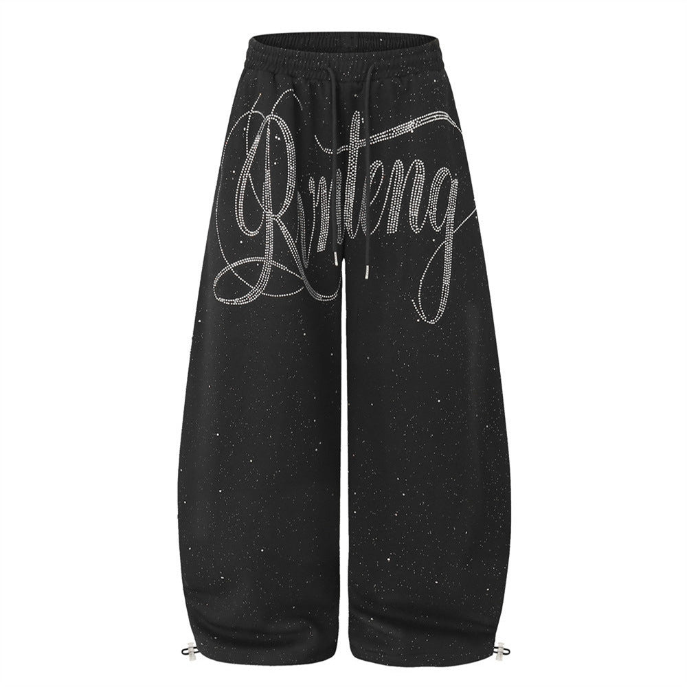 Men's Wide-Leg Sweatpants with Rhinestone Script & Glitter Fabric