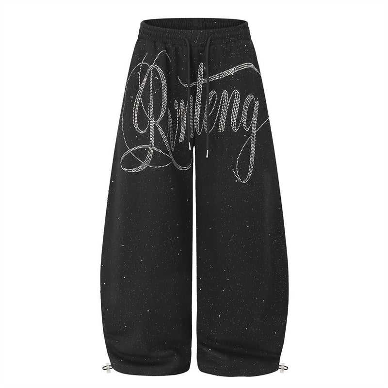 Men's Wide-Leg Sweatpants with Rhinestone Script & Glitter Fabric