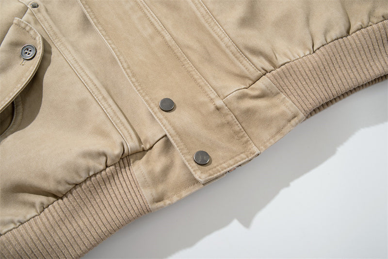 Blouson bomber vintage délavé – Veste homme oversize kaki avec grandes poches cargo