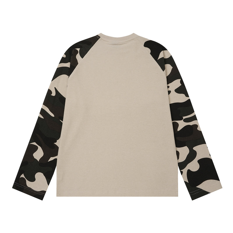 Baggy Long Sleeve Shirt – Camo Raglan Sleeves & Vintage Rock Graphic