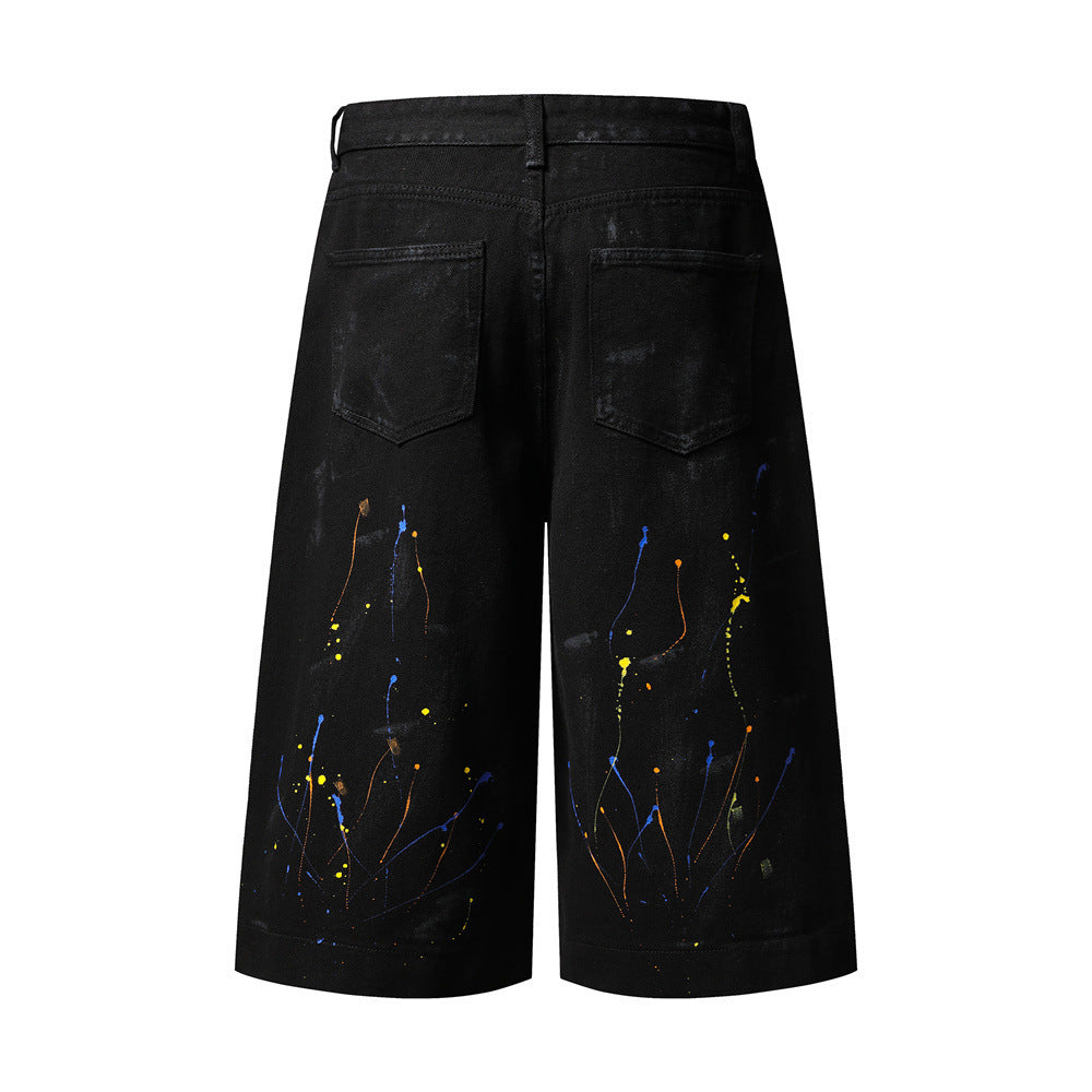Paint Splatter Denim Shorts – Wide Leg Hip-Hop Street Style