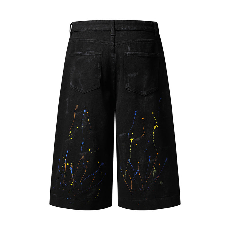Paint Splatter Denim Shorts – Wide Leg Hip-Hop Street Style