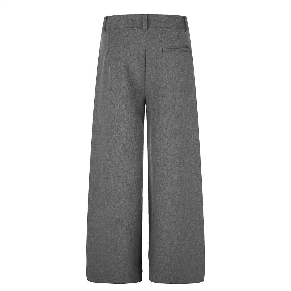 Wide-Leg Pleated Dress Pants with Metal Button Fly