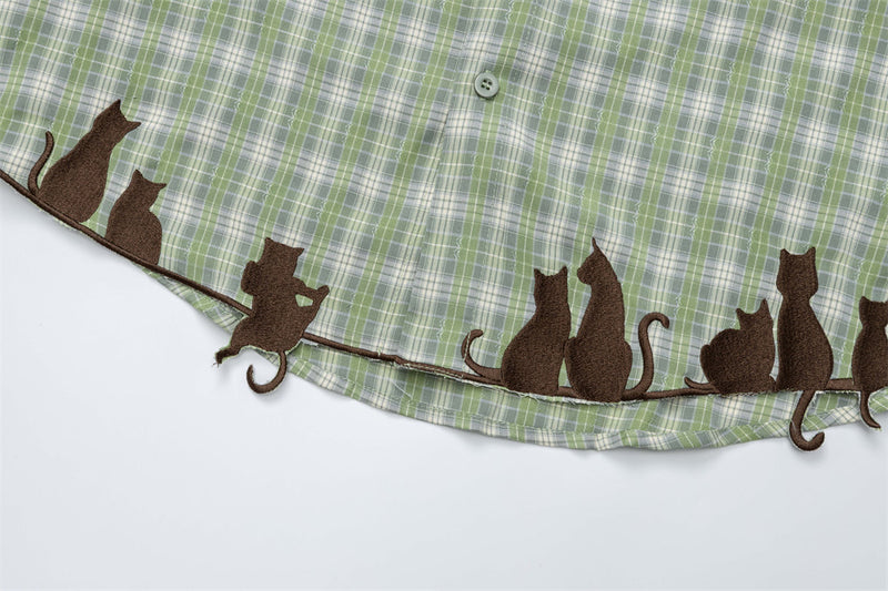 Grünes Karohemd für Herren mit Katzenstickerei – Oversized, Langarm, Button-down