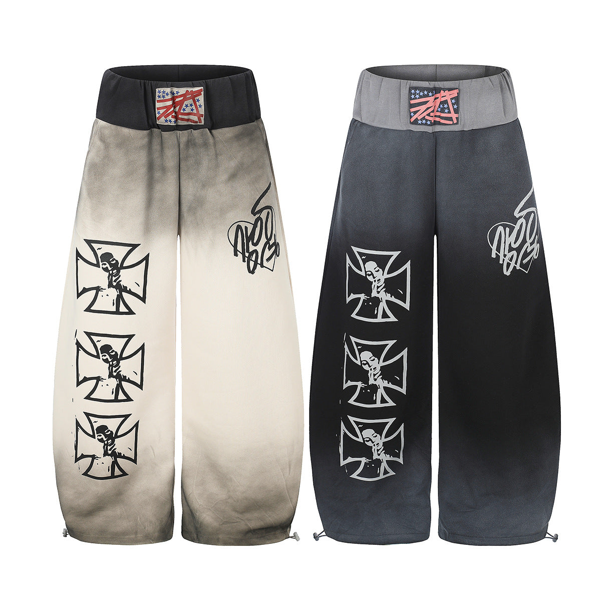 Wide-Leg Sweatpants with Iron Cross Graffiti Print – Washed Streetwear Baggy