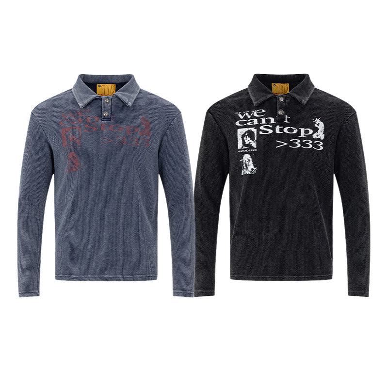 Polo manches longues – T-shirt graphique de créateur en maille gaufrée délavée