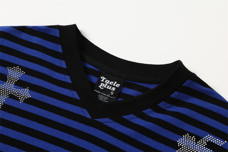 Men's Striped Long-Sleeve Shirt with Rhinestone Cross & Pegasus Graphic Print