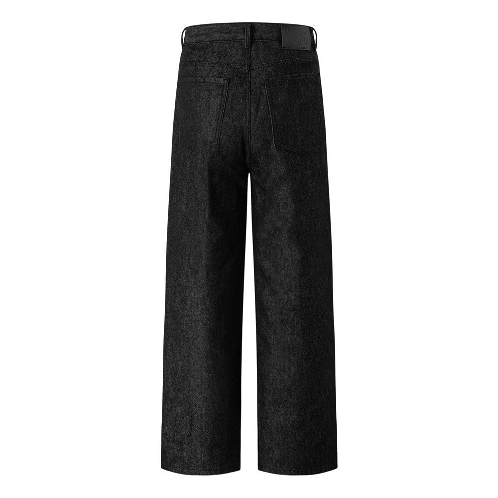 Men's Black Wide-Leg Jeans with Double-Breasted Buttons & Braided Detail