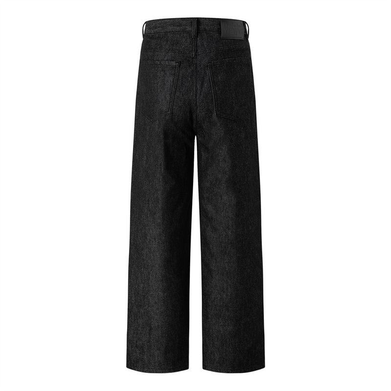 Men's Black Wide-Leg Jeans with Double-Breasted Buttons & Braided Detail