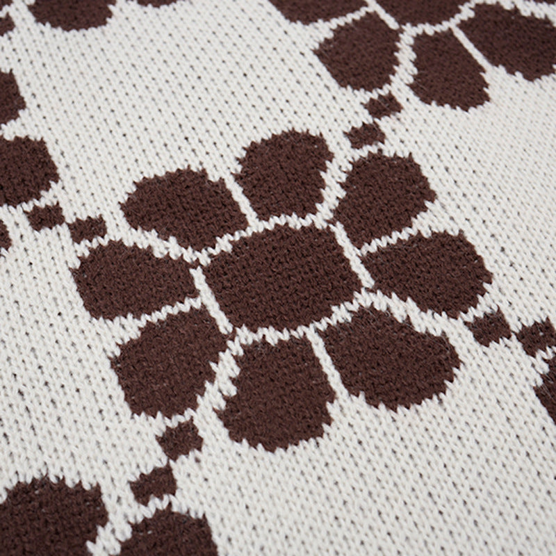 Cardigan-pull en maille à carreaux fleuris et col V – Bas oversize effiloché